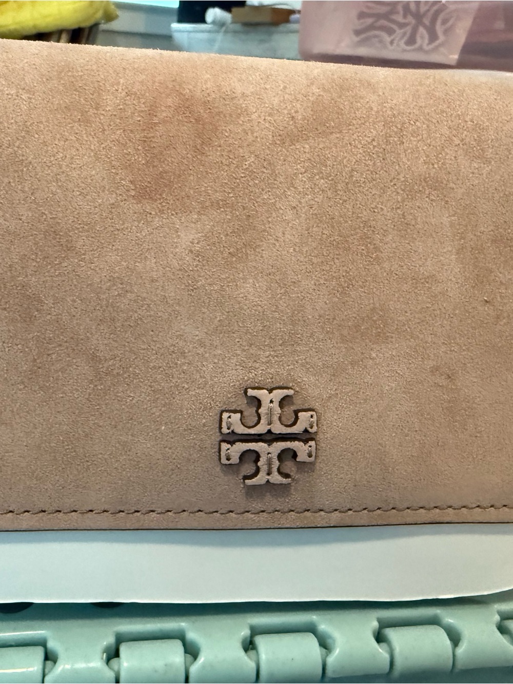 Tory Burch Blush Suede Fold-Over Clutch with Logo Emblem